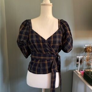 Madewell Navy and Brown Plaid Wrap Blouse Puff Sleeve EUC